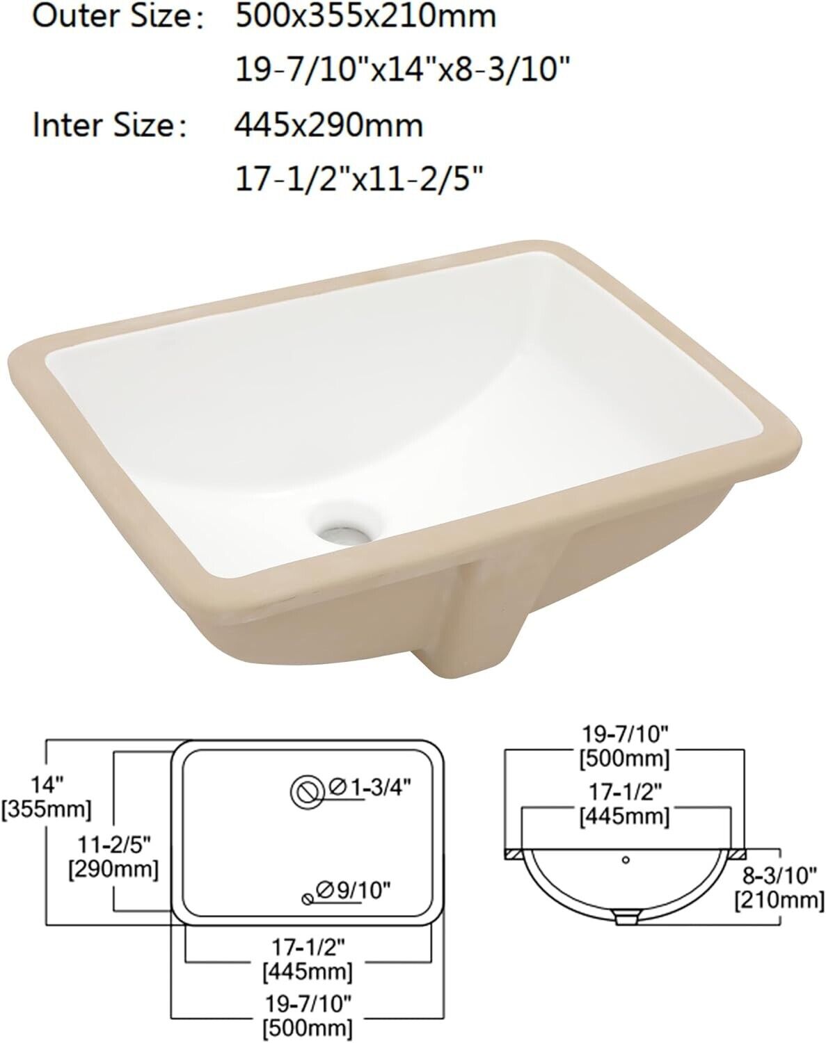 Dcolora Undermount Bathroom Porcelain Ceramic Rectangular Vessel Sink - White