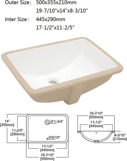 Dcolora Undermount Bathroom Porcelain Ceramic Rectangular Vessel Sink - White