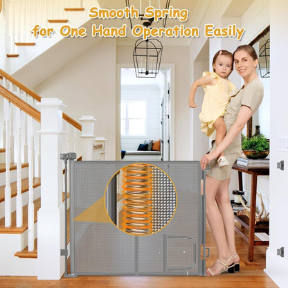 Retractable Baby Gate 33" Tall with Cat Door Extra Wide Mesh Dog Gate for Stairs
