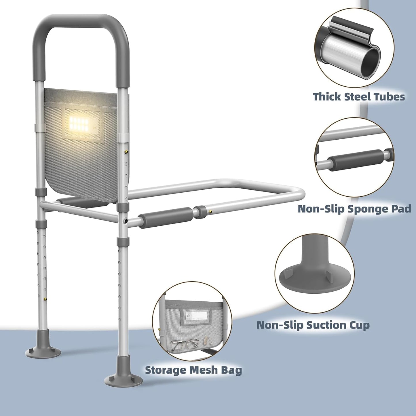 Bed Rails for Elderly Adults Safety with Motion Sensor Light & Storage Bag Adjustable Support Bar for King Queen Full Twin Beds