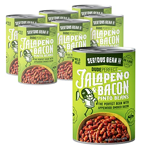 SERIOUS Bean Co Dude Perfect Jalapeño & Bacon Pinto Beans – Spicy & Delicious Texas Style Pinto Beans Ready to Eat - Made with Real Jalapeños & Applewood Smoked Bacon Canned Beans, 6 Pack, 15.75oz can