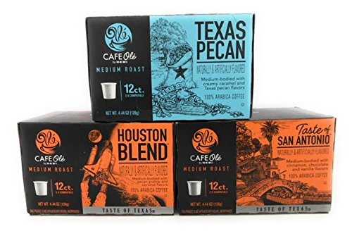 Cafe Ole Taste of Texas Gourmet Coffee K Cups Gift Assortment, 12ct. (36 Cups) Houston Blend, Texas Pecan, Taste of San Antonio 