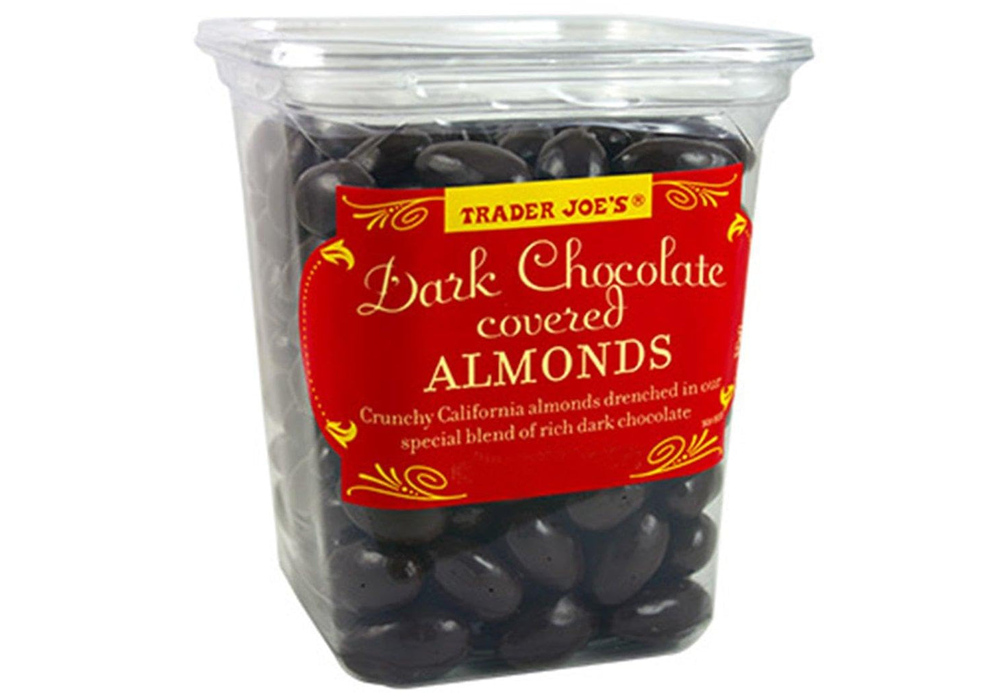 Trader Joe's Dark Chocolate Almonds Crunchy California Almonds Drenched in Rich Dark Chocolate No Gluten Ingedients...