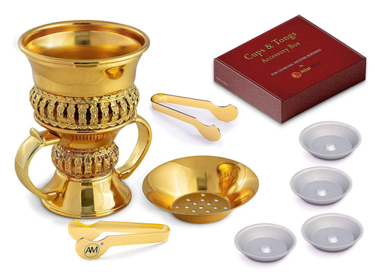 AM Regal Metal Bakhoor Incense Burner Gold Set with Dish and Metal Tong