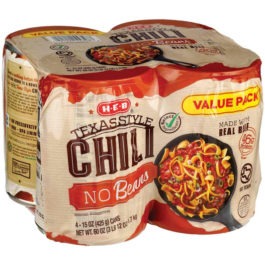 HEB Texas Style Chili, 4 Count, No Beans, Packaged Soup and Stew