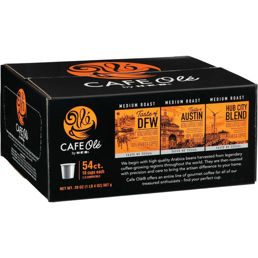 HEB Cafe Ole Taste of DFW, Austin, Hub City Blend Medium Roast Coffee Singles, 54 ct Variety Pack - Drip Machine, Cups