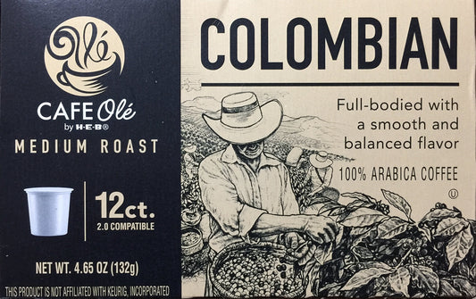 H.E.B. Cafe Ole Colombian (Straight Roast) One Box, 12 Count Single Brew