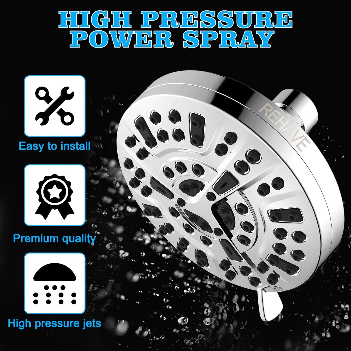 5.1" Rainfall Shower Head - 63 Jets, 8 Modes, Chrome