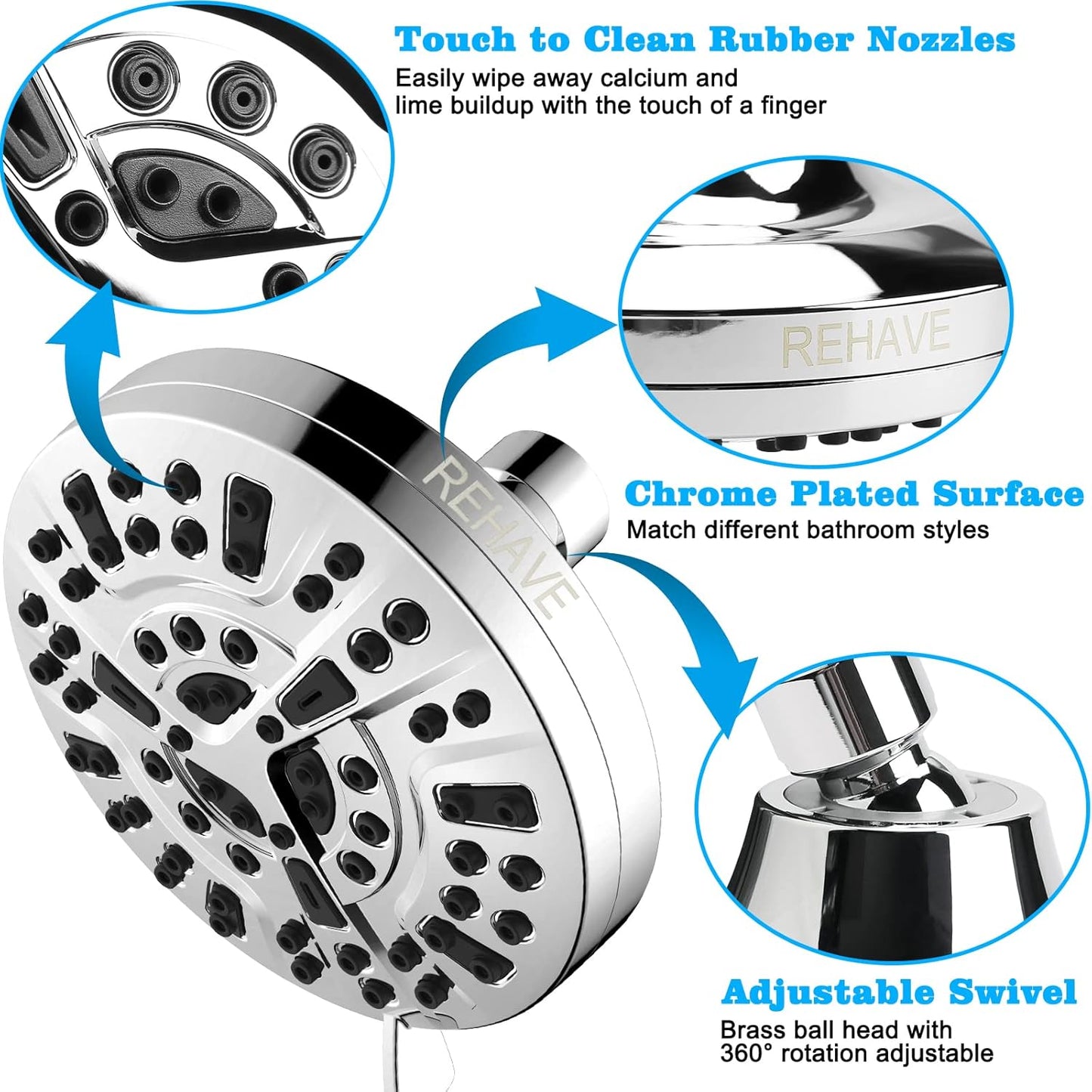 5.1" Rainfall Shower Head - 63 Jets, 8 Modes, Chrome