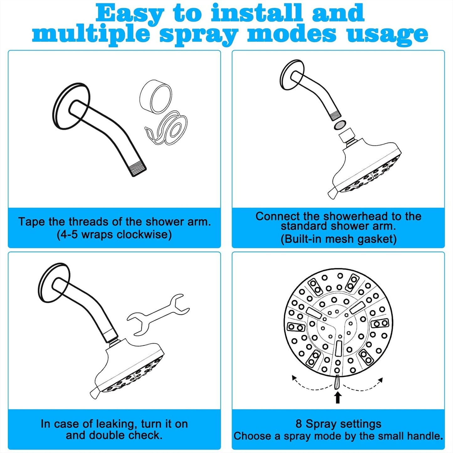 5.1" Rainfall Shower Head - 63 Jets, 8 Modes, Chrome