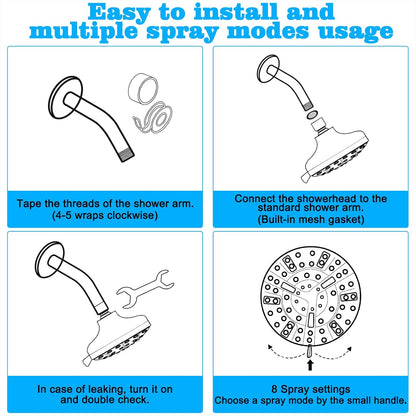 5.1" Rainfall Shower Head - 63 Jets, 8 Modes, Chrome