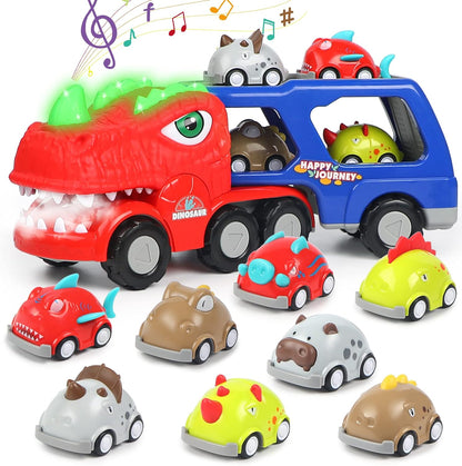 Dinosaur Truck Toy with Lights, Music, and Mist - 8 Pull Back Dino Cars Included