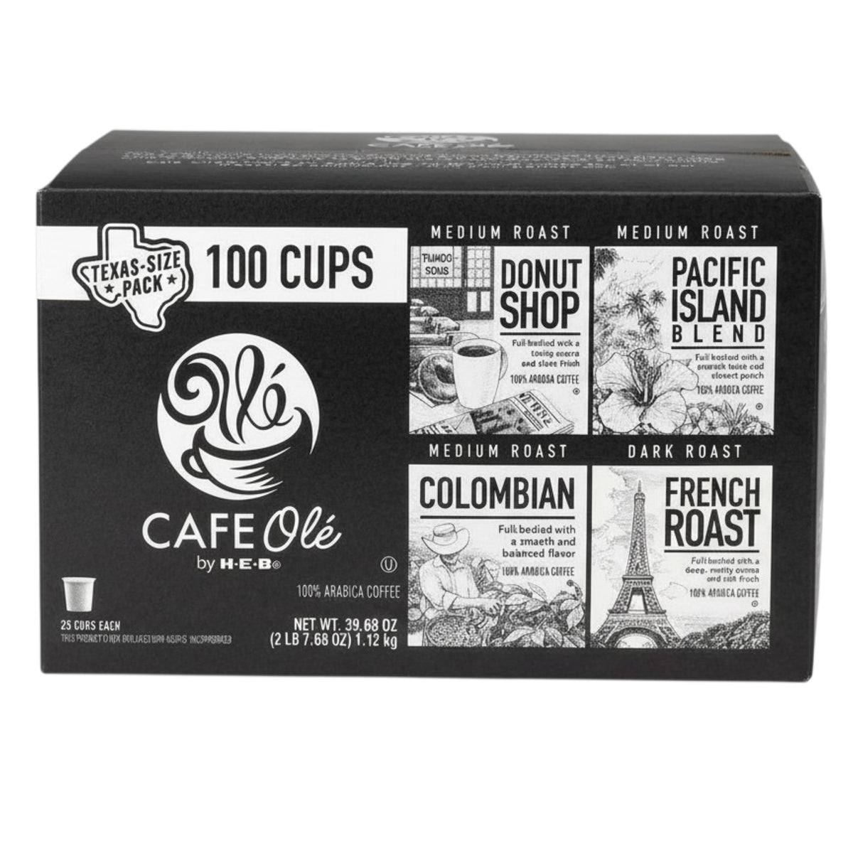 CAFE Ole by H-E-B Variety Pack Donut Shop Pacific Island Colombian French Roast Coffee Single Serve Cups 100 Count