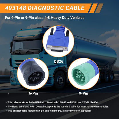 DB26 Nexiq 493148 Diagnostic Cable 6/9-Pin Cummins Adapter for Trucks