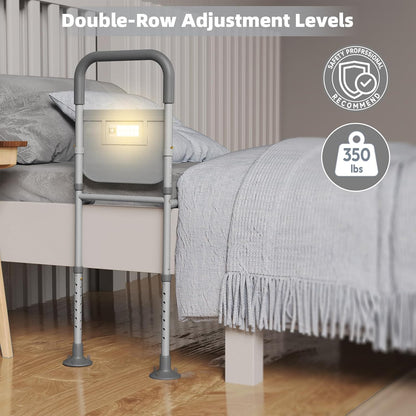 Bed Rails for Elderly Adults Safety with Motion Sensor Light & Storage Bag Adjustable Support Bar for King Queen Full Twin Beds