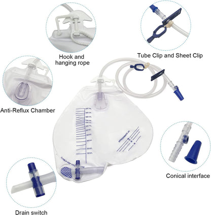 Urinary Drainage Bag Anti-Reflux Chamber 2000mL Volume 48in Tube 5 Pack