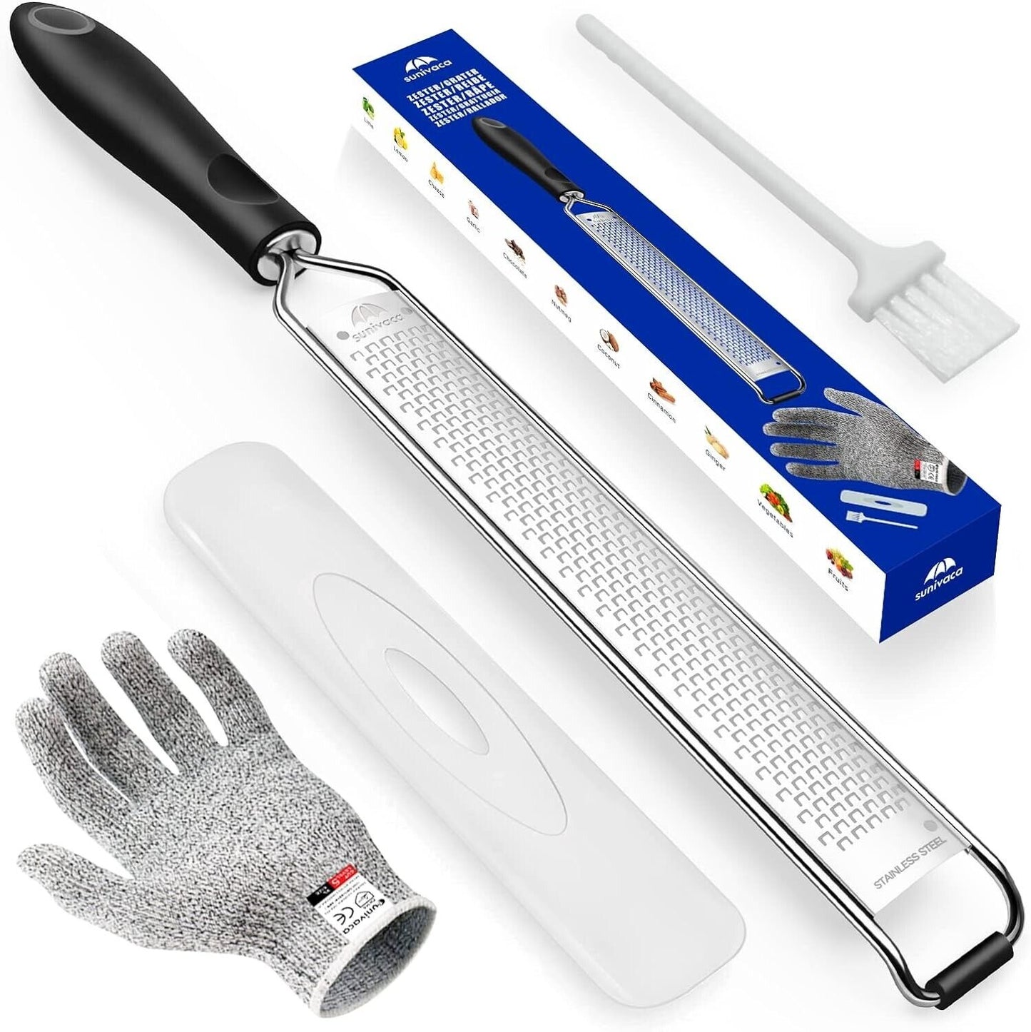 Lemon Zester & Cheese Grater with Handle - Stainless Steel, Includes Cut Glove