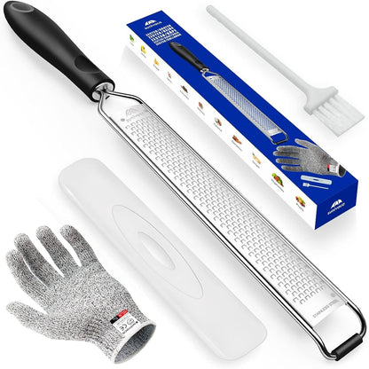 Lemon Zester & Cheese Grater with Handle - Stainless Steel, Includes Cut Glove