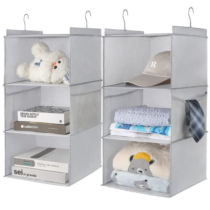 2-Pack 3-Shelf Large Hanging Closet Organizer with Side Pocket, Light Grey