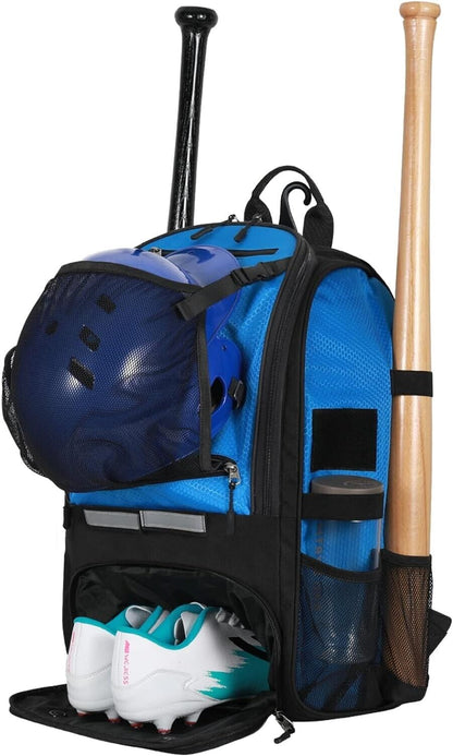 Large Baseball Backpack with Shoe Compartment, 4 Bat Sleeves, Fence Hook, Blue