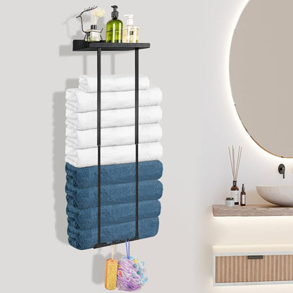 Wall Mounted Towel Rack with Retractable Bars, Hooks, Black, Metal & Wood