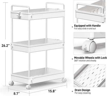 3 Tier Rolling Storage Cart, Slim Mobile Organizer for Kitchen, Bathroom, White