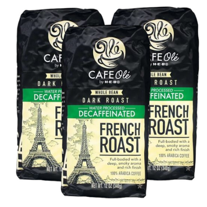 Cafe Ole French Roast Decaf Dark Roast Whole Bean Coffee by HEB 12oz (3 bags)