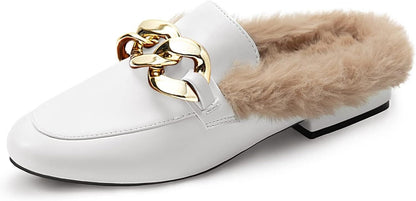 White Backless Slip On Real Leather Fur Gold Buckle Loafers Shoes Slipper Women