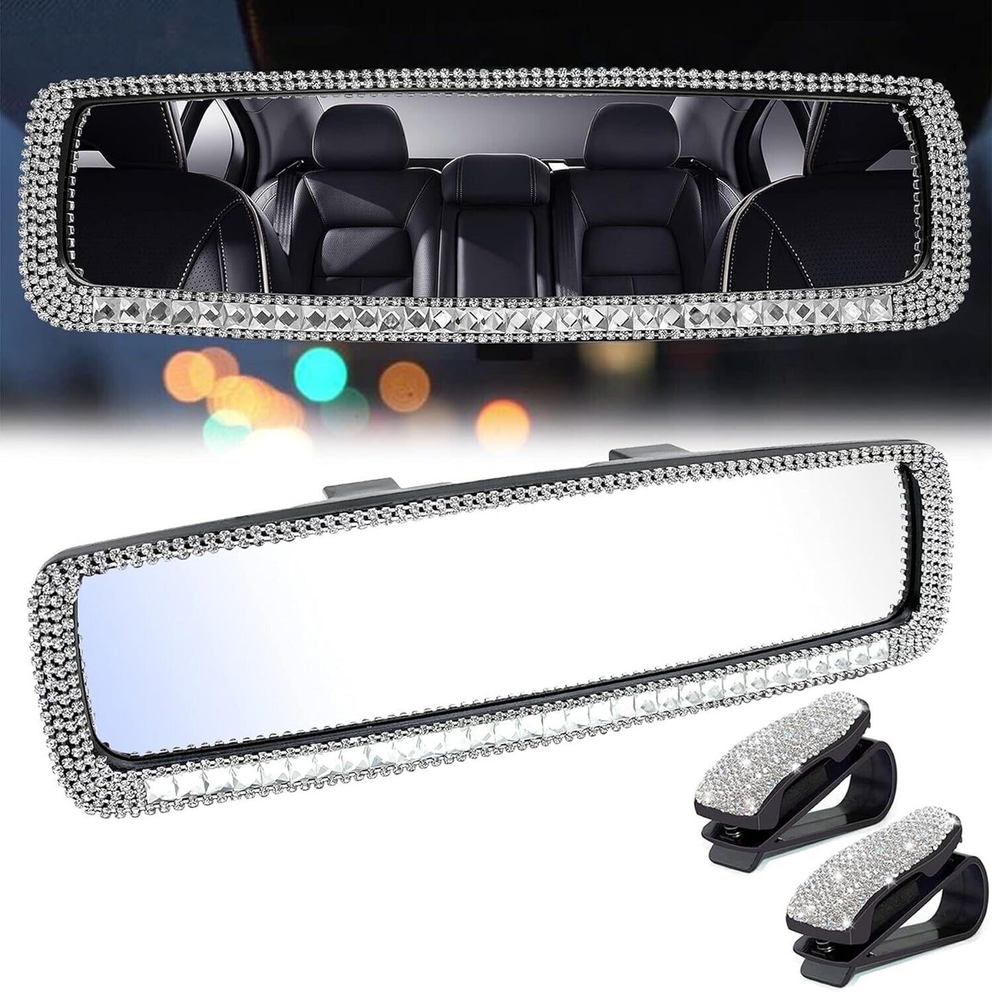 Bling Car Rearview Mirror with HD Glass - Rhinestone Decor, Universal Fit, White