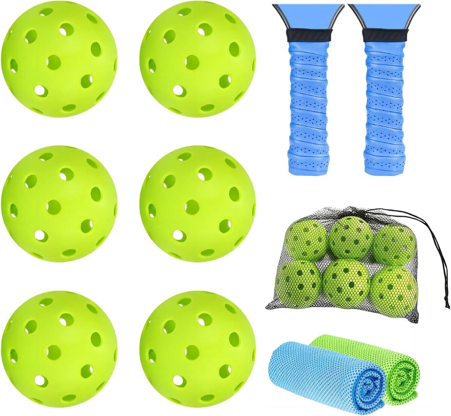6-Pack Neon Green Pickleball Balls Set with Grip Tape & Cooling Towels