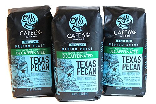 HEB Cafe Ole Whole Bean Coffee 12oz Bag (Pack of 3) (Decaf Texas Pecan - Medium Dark Roast (Full City))