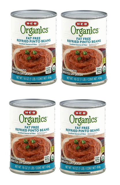 Organic Fat Free Refried Pinto Beans (FRIJOLES PINTO REFRITOS SIN GRASA) 4 Cans NT. WT. 16 oz (1 LB - 454g)