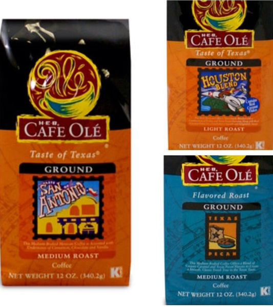 Cafe Ole GROUND Coffee Variety Pack San Antonio; Houston and Texas Pecan 12 oz. (Pack of 3)