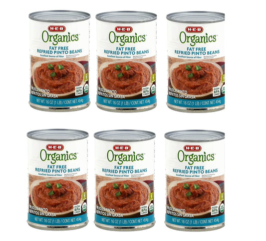 Organic Fat Free Refried Pinto Beans (FRIJOLES PINTO REFRITOS SIN GRASA) 6 Cans NT. WT. 16 oz (1 LB - 454g) BY: H-E-B