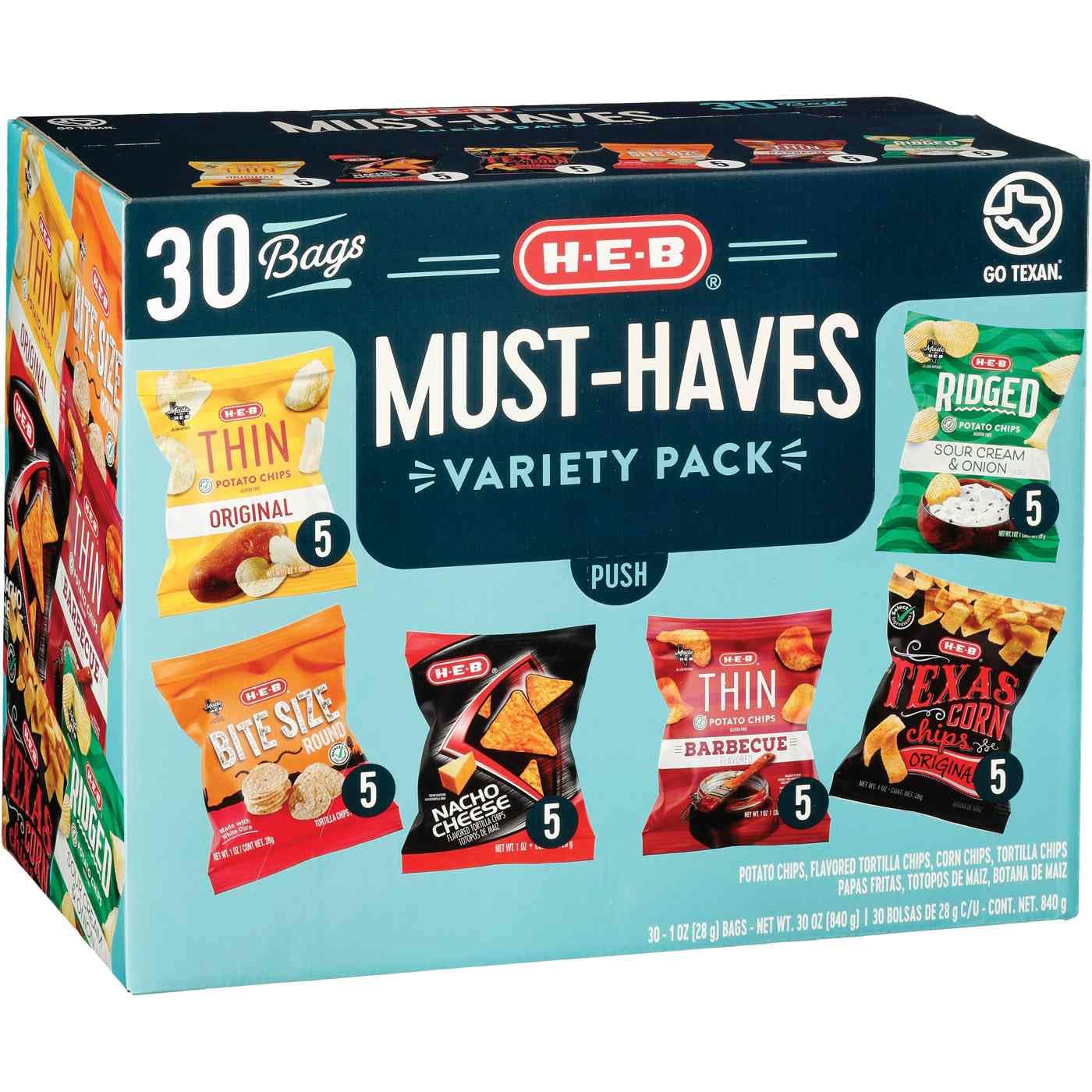 HEB Must-Haves Chips 30-Count Variety Pack, 1 oz Bags - Assorted Flavors for All-Day Snacking