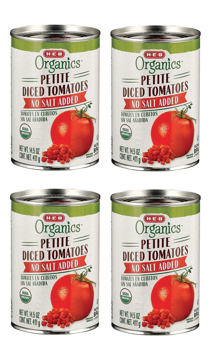 ORGANICS Petite Diced Tomatoes No Salt Added (TOMATES EN CUBITOS SIN SAL ANADIDA) 4 Cans NT. WT. 14.5 oz. (411g) By: H-E-B