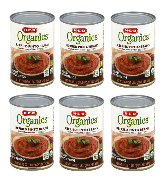 Organic Refried Pinto Beans 6 Cans NT. WT. 16 oz (1 LB - 454g)