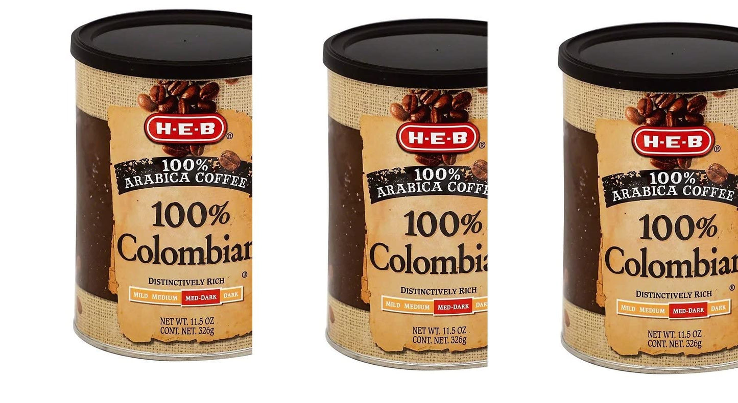 HEB 100% Colombian Med‑Dark Roast Ground Coffee 11.5 oz (pack of 3)