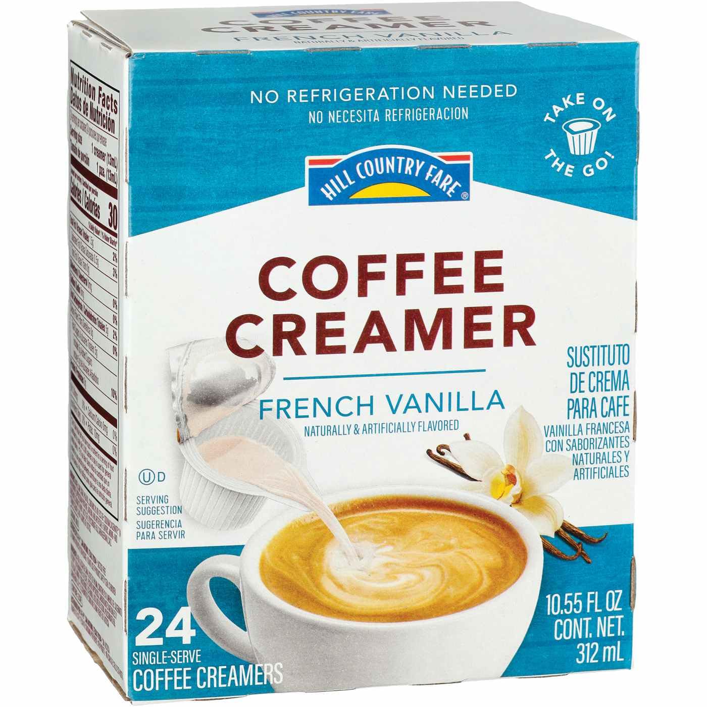 HEB Hill Country Fare Coffee Creamer Single Serve Cups, 24 Count - Easy Peel-Back Lid, No Refrigeration Needed, Rich Creaminess (French Vanilla)