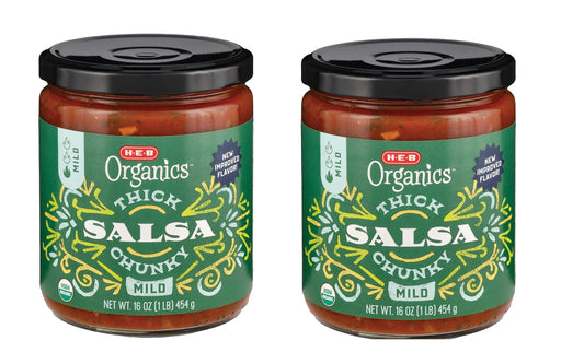 Organic Thick N' Chunky Mild Salsa, 2 Glass Jars NT. WT 16 oz. (1LB) each Jar. By H-E-B