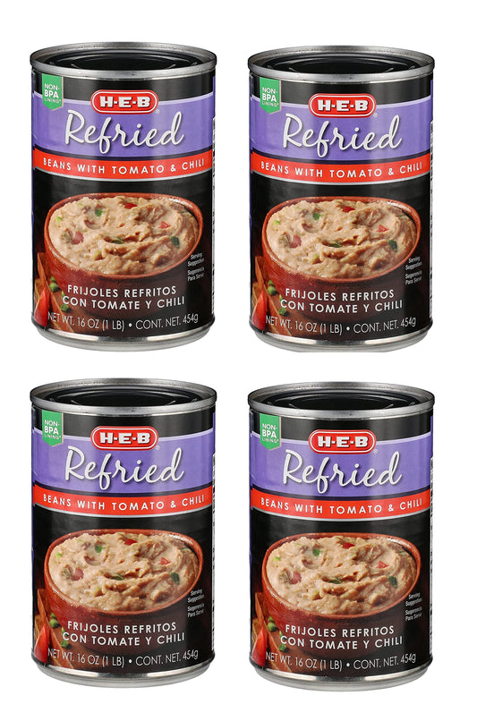 REFRIED BEANS WITH TOMATO & CHILI 4 Cans NT. WT. 16 oz. (454g) By: H-E-B