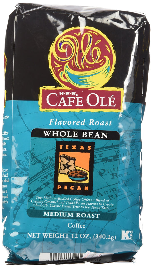 HEB Cafe Ole Whole Bean Coffee 12oz Bag (Pack of 3) (Texas Pecan - Medium Dark Roast (Full City))